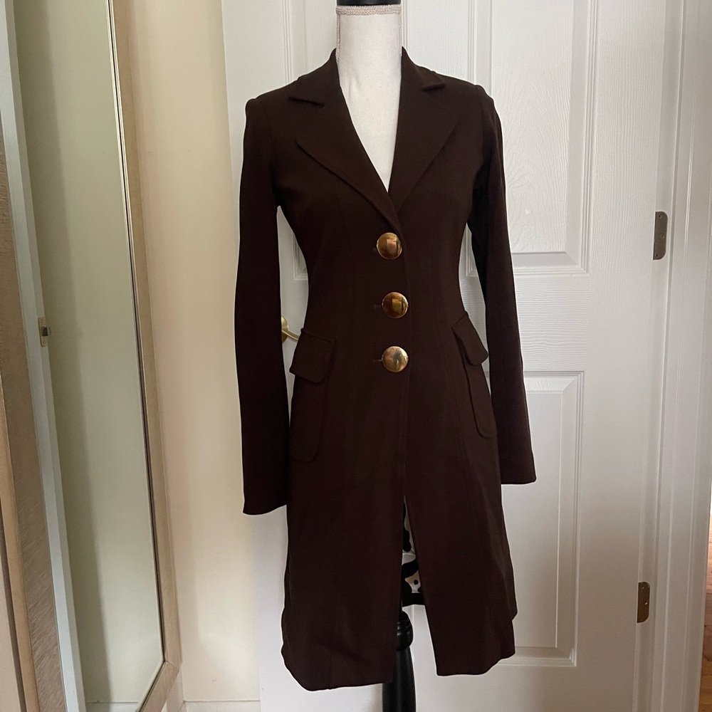 Cache Brown Long Blazer Jacket with Large Gold Buttons